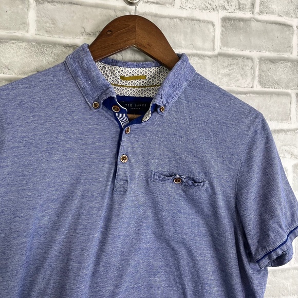 Ted Baker London Sky Blue Fine Stripped Collard Pocket Polo Shirt Mens Size 5 - Picture 1 of 7